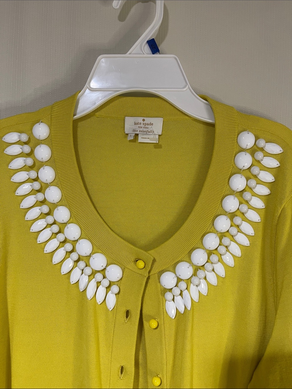 NWOT Kate Spade Beautiful Yellow Embellished V-Neck Button Cardigan SZ Large - Picture 3 of 11